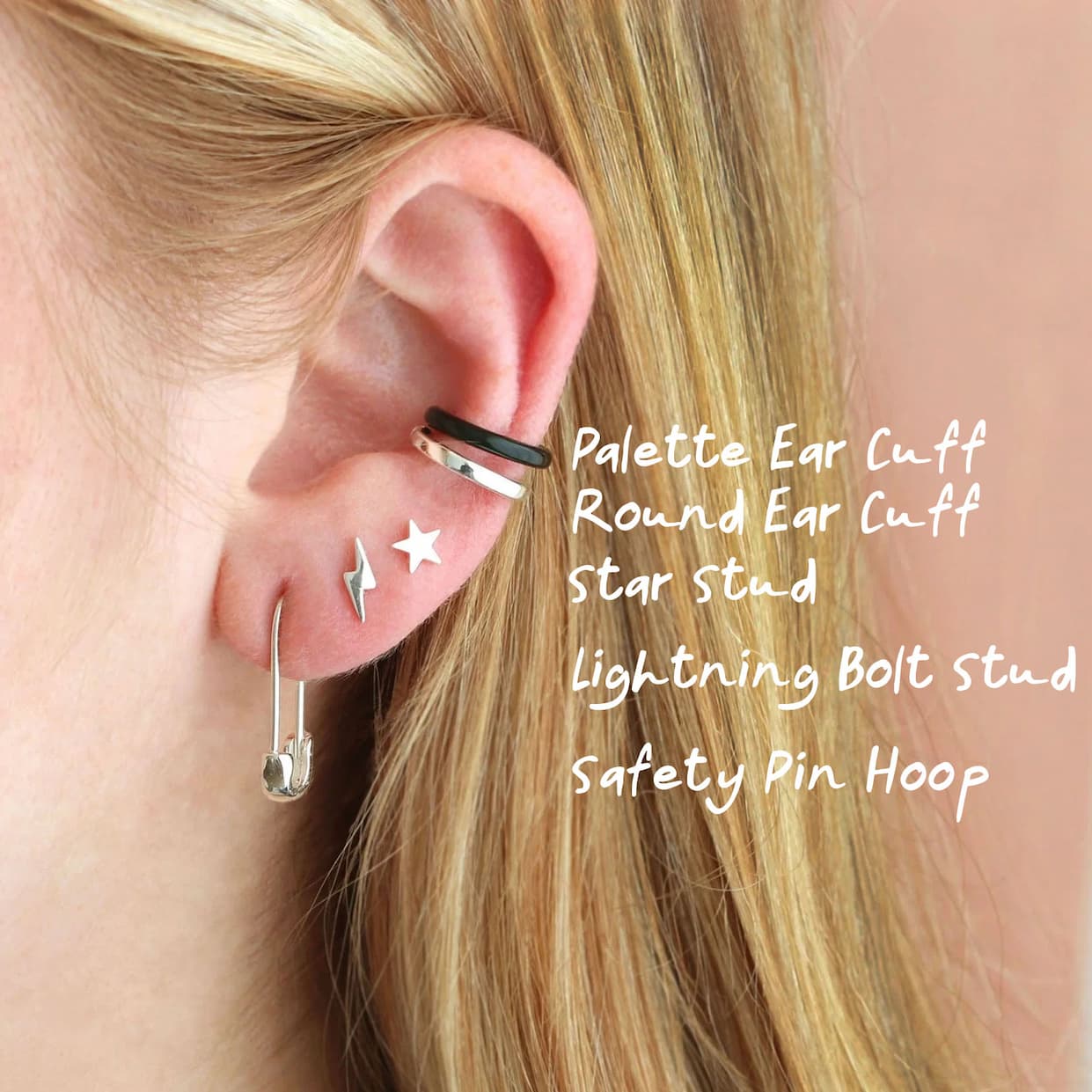 Ear stack with Round Ear Cuff, Classic Crystal stud, Bow Stud, and Pearl Hoop