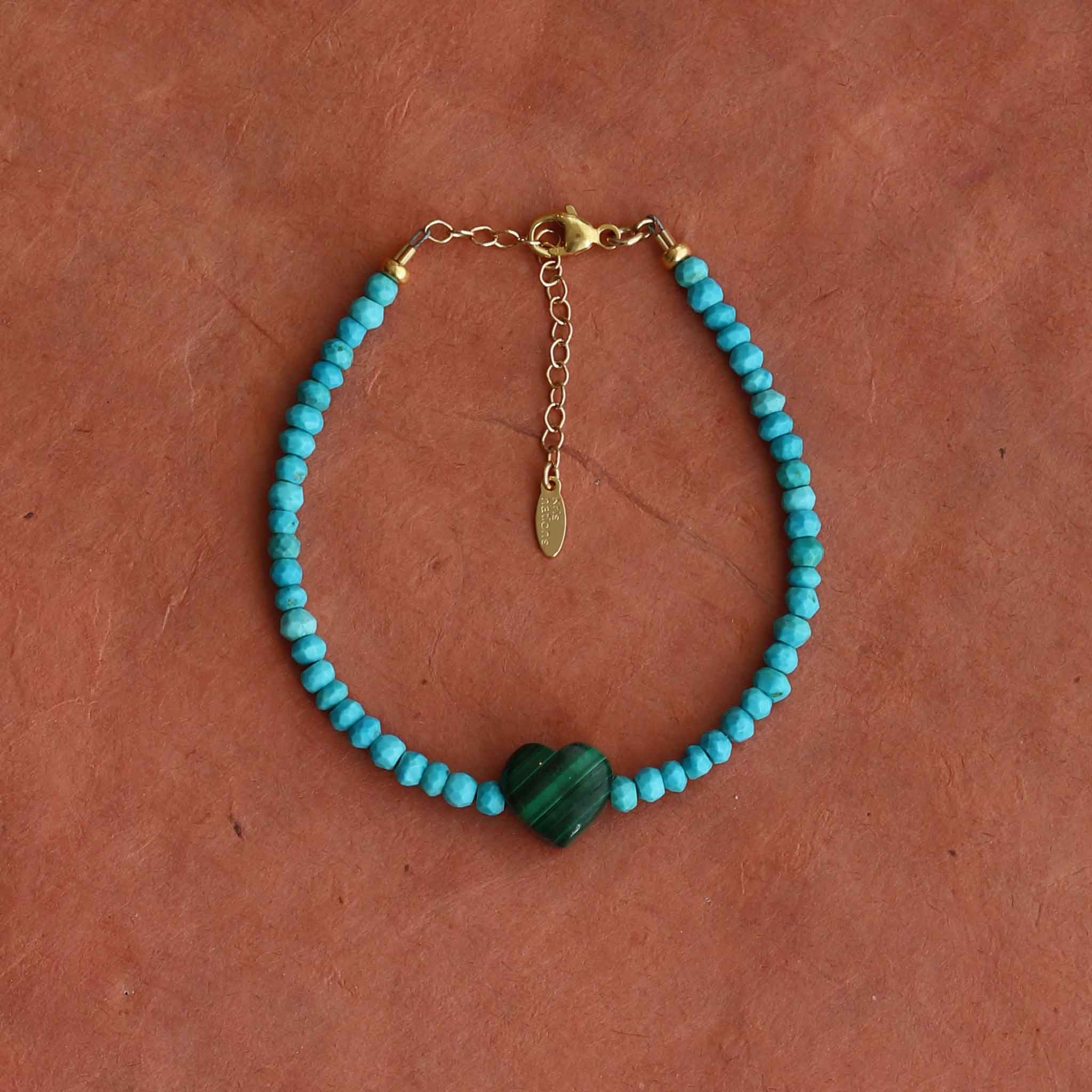 Malachite Heart & Turquoise Beaded Bracelet