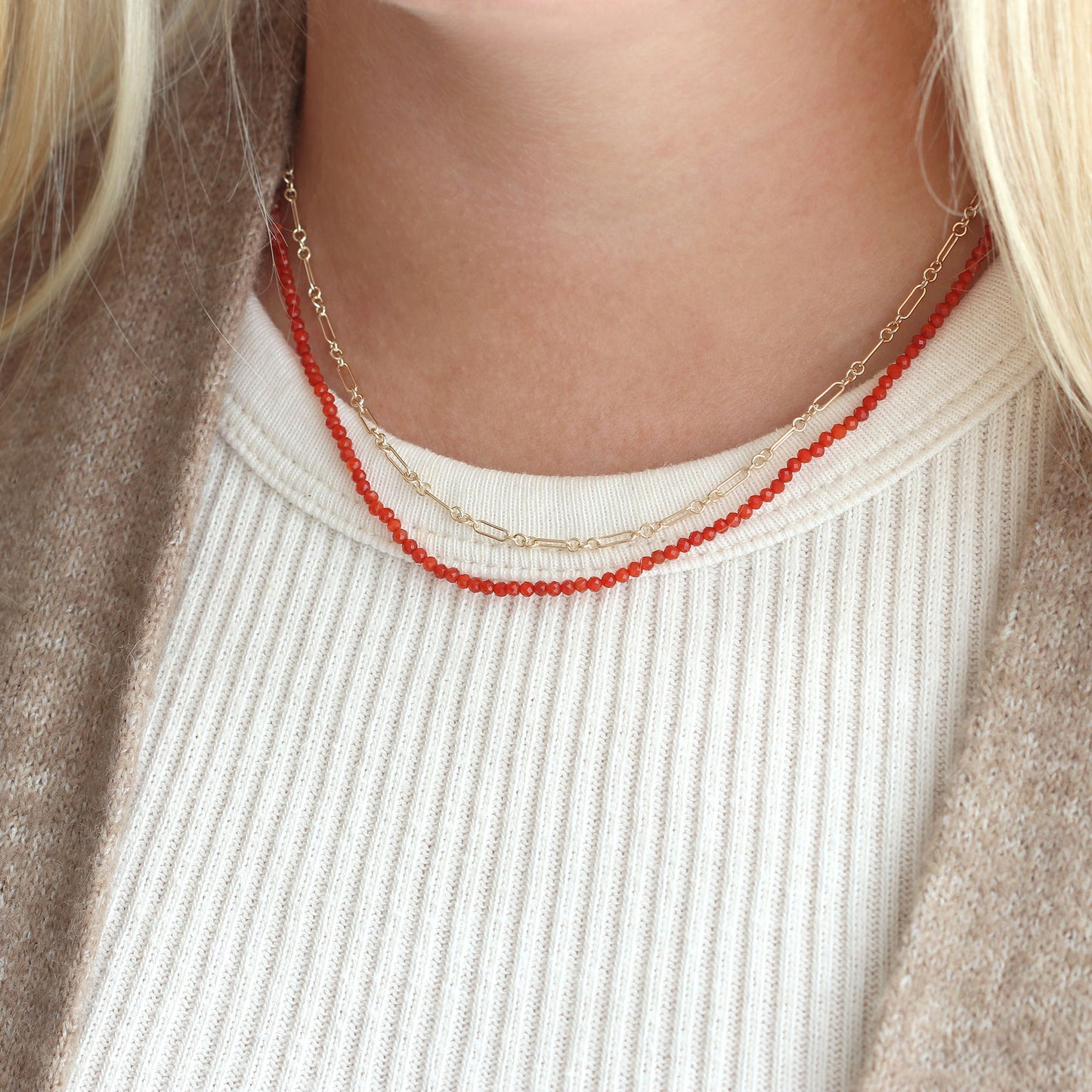 Petite Red Carnelian Gemstone Beaded Necklace