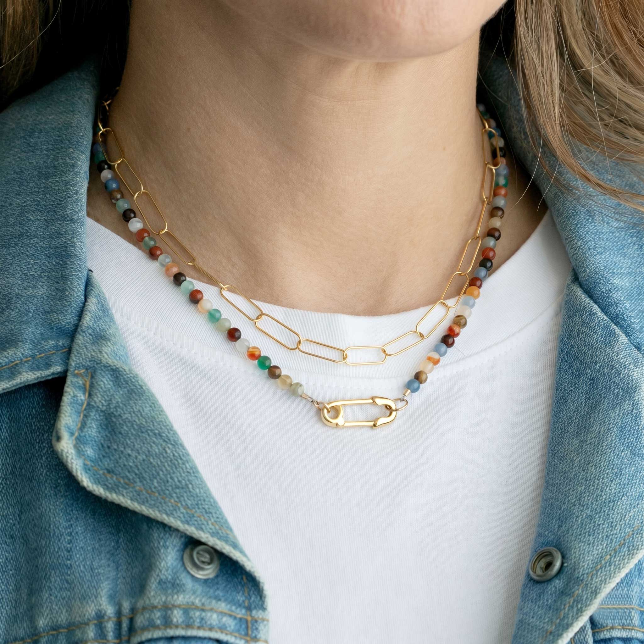 Mixed Agate Beads & Safety Pin Necklace