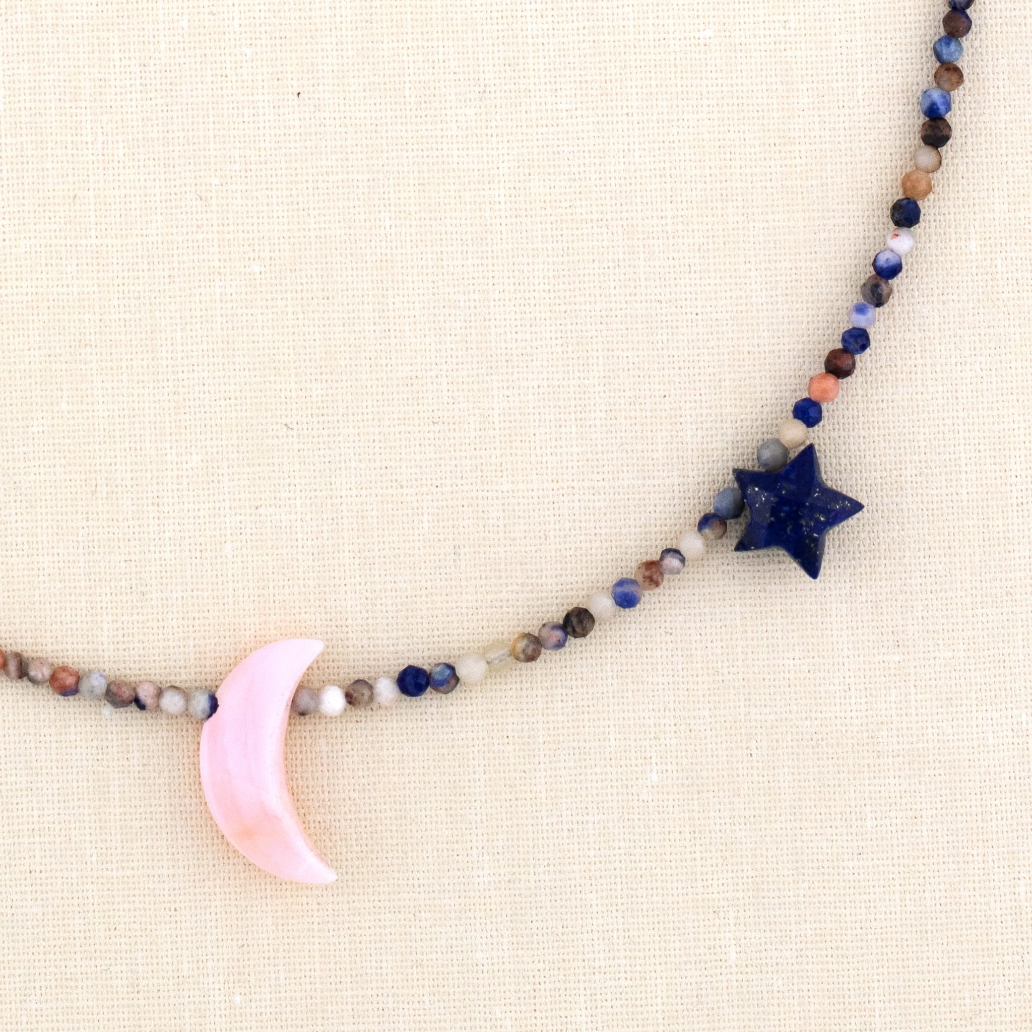 Pink Opal Moon and Sodalite Beaded Necklace