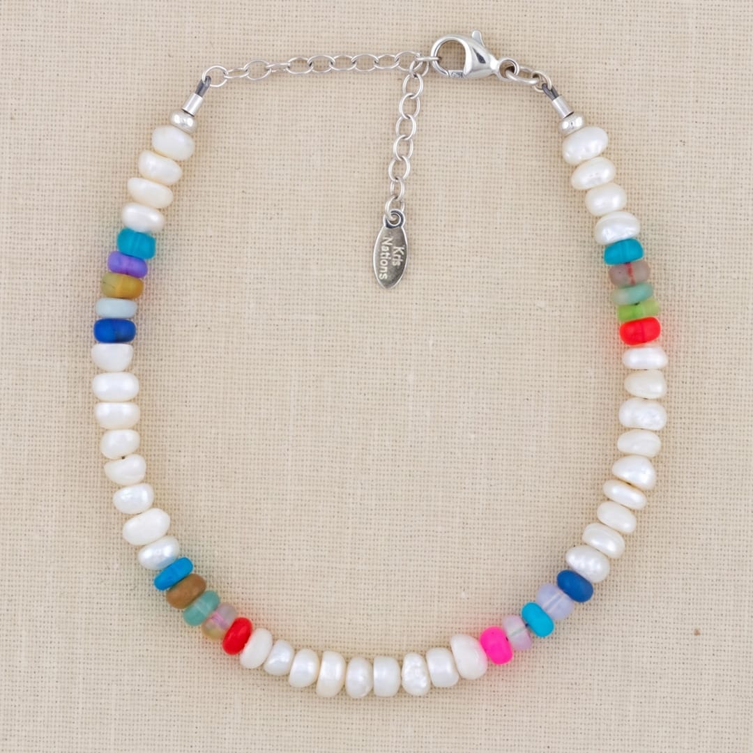 Button Freshwater Pearls & Multicolor African Opal beaded Bracelet