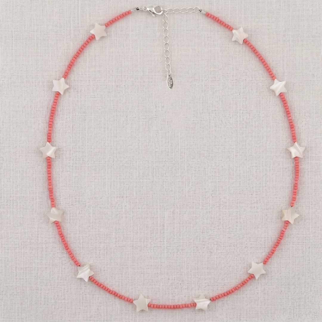 Mother of Pearl Stars and Pink Coral Seed Beads Necklace