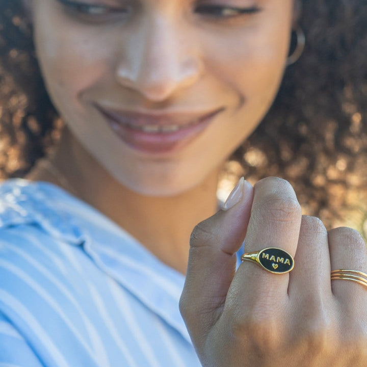 Gold Mama Signet Ring Black or White Enamel Kris Nations